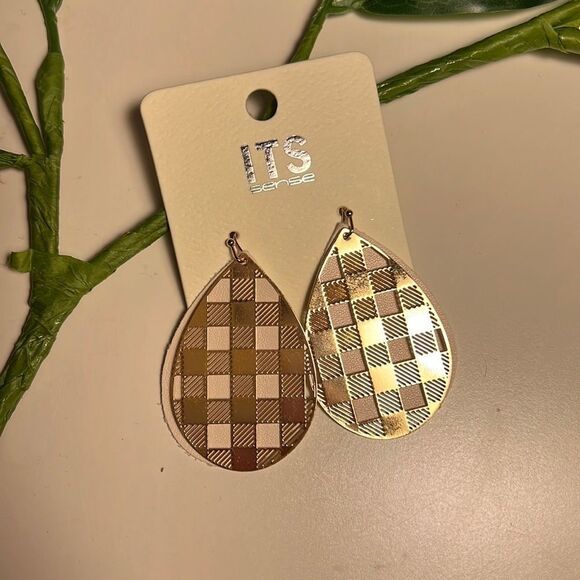 It’s Sense Leather and Plaid Gold Metal Earrings - Picture 2 of 4